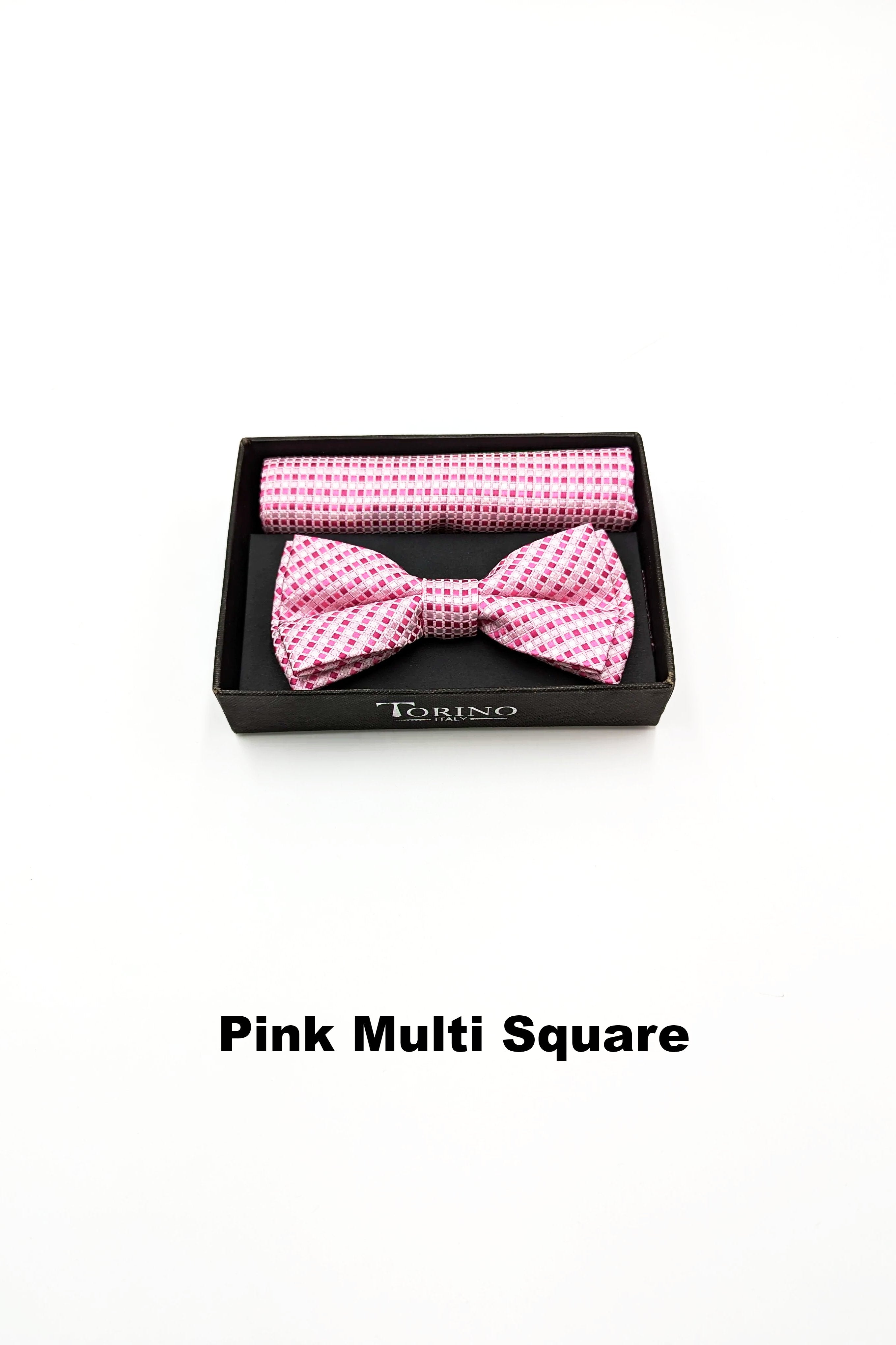 Textured Mens Pink Multi Square Bow and Pocket Square