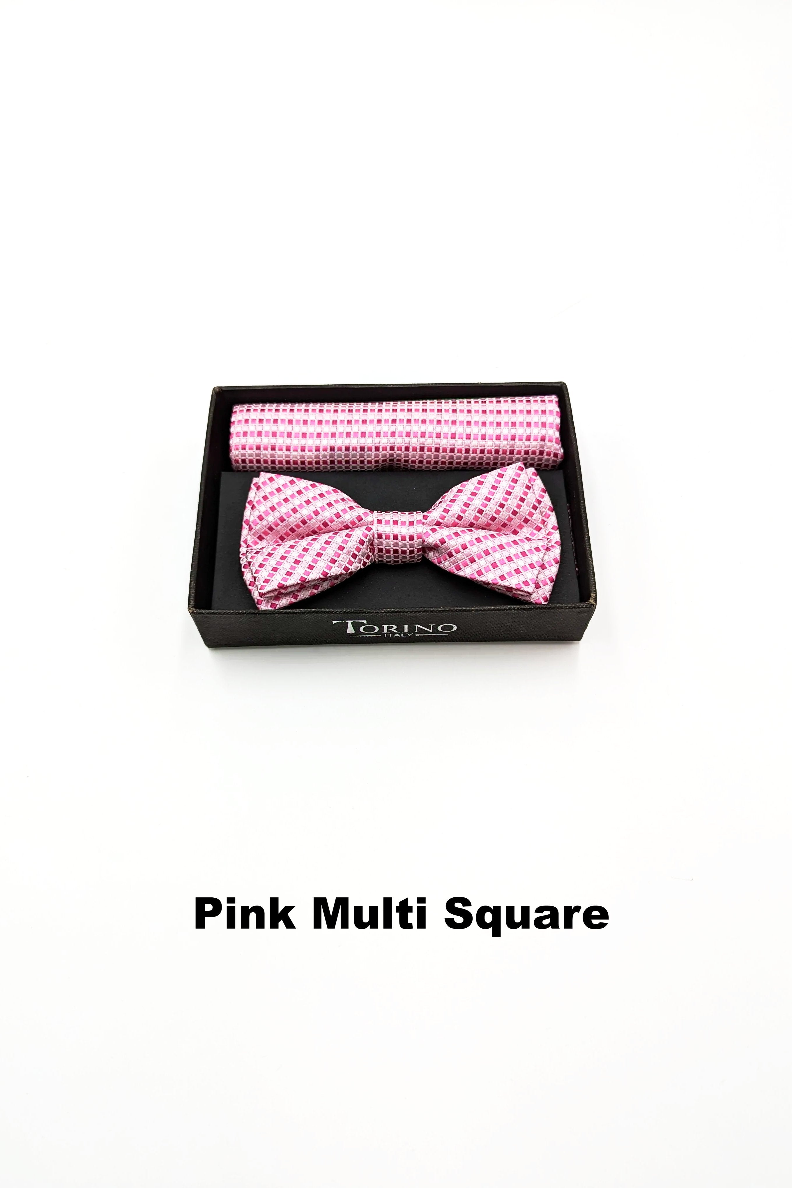 Textured mens pink multi square bow and pocket square