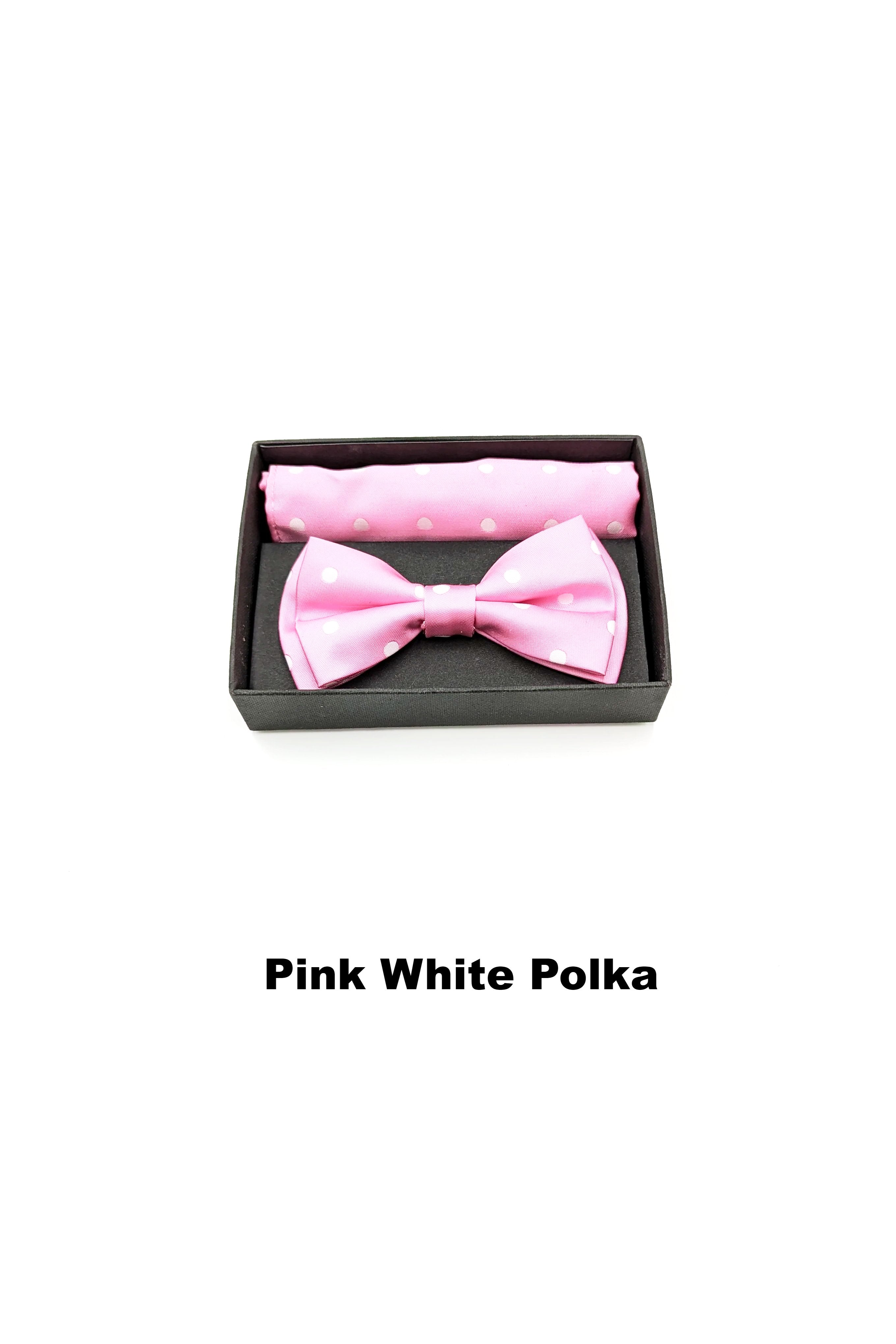 Textured mens pink white polka bow and pocket square