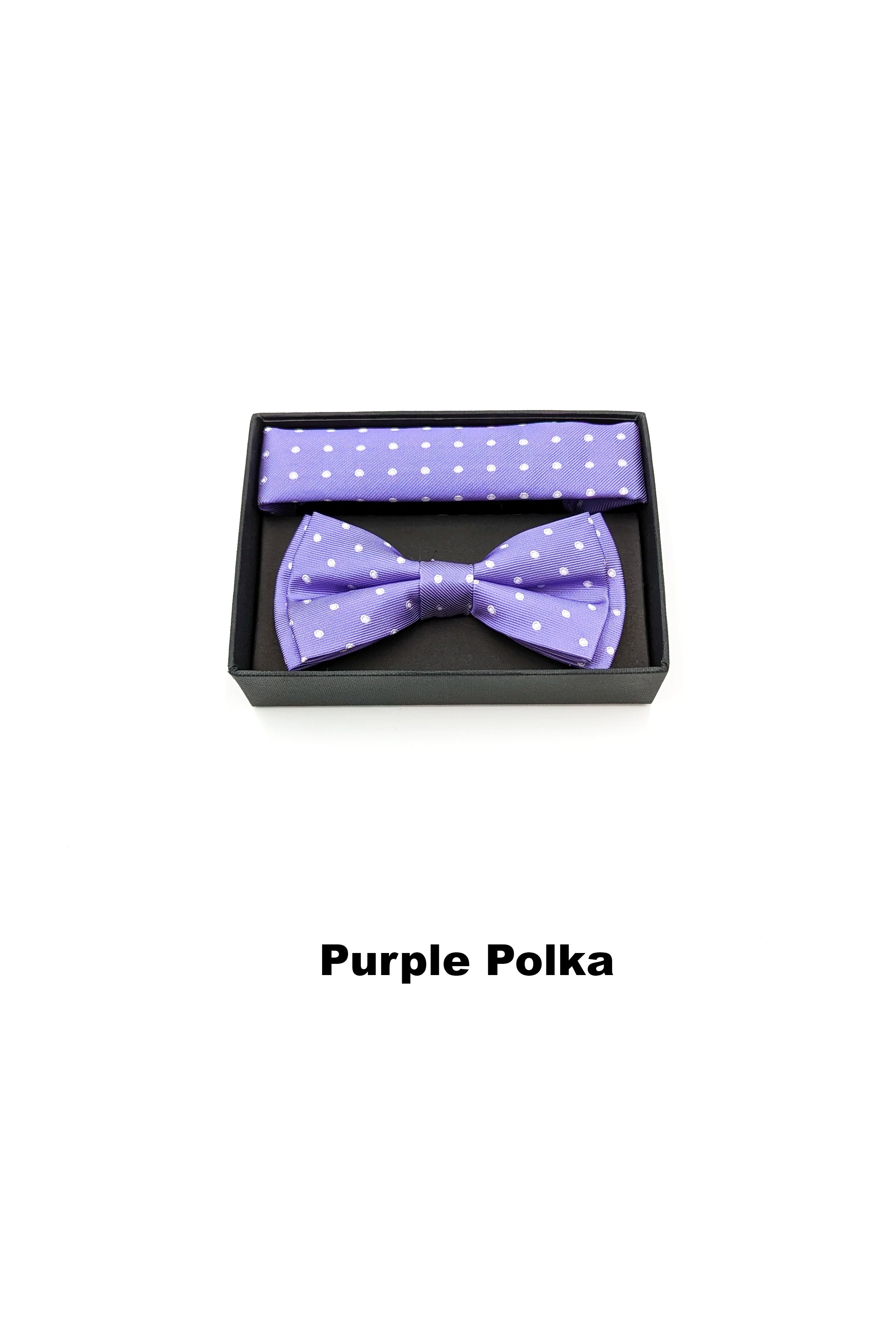 Textured mens purple polka bow and pocket square