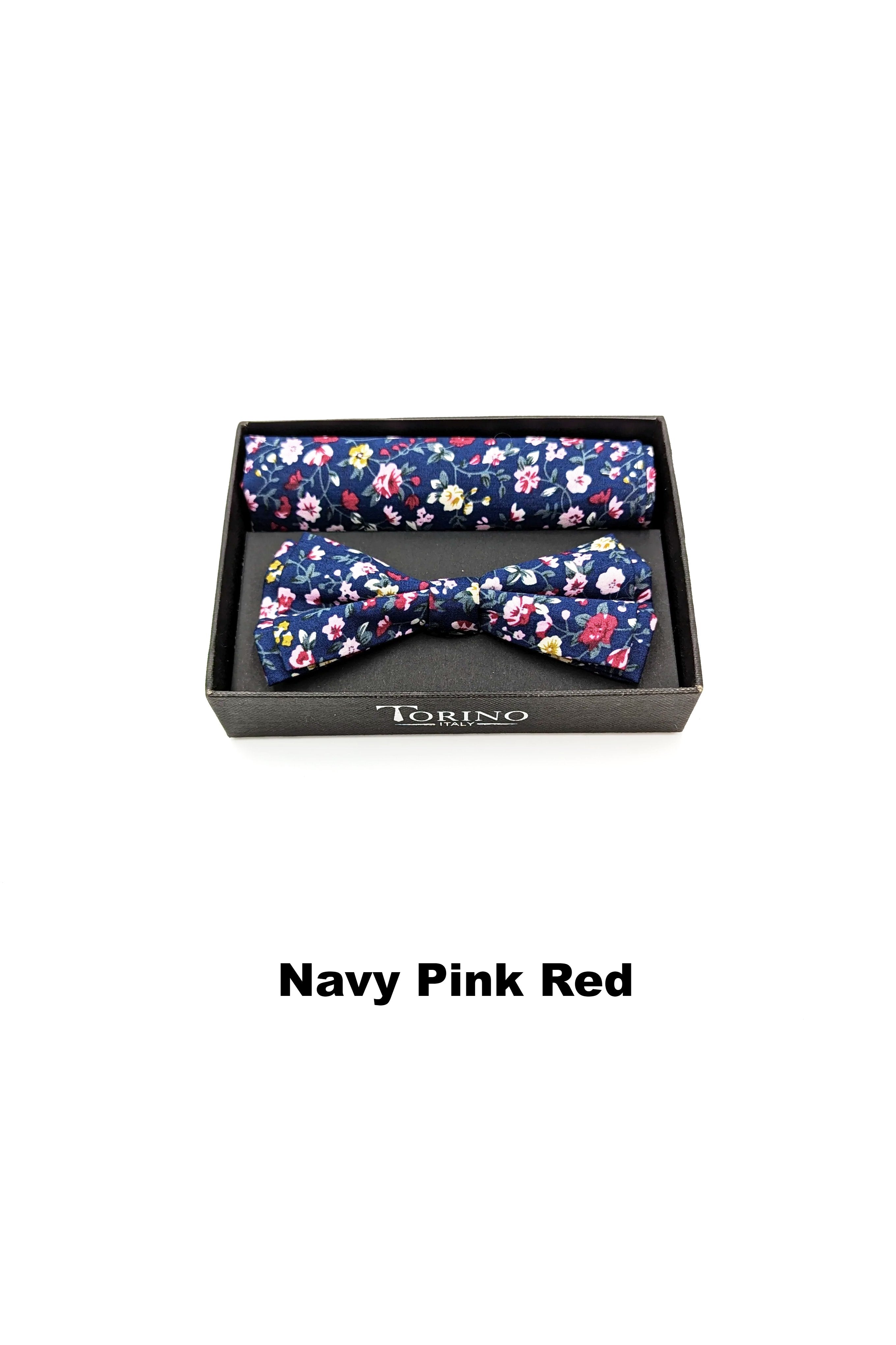 Navy Pink Red Floral Mens Bow and Pocket Square