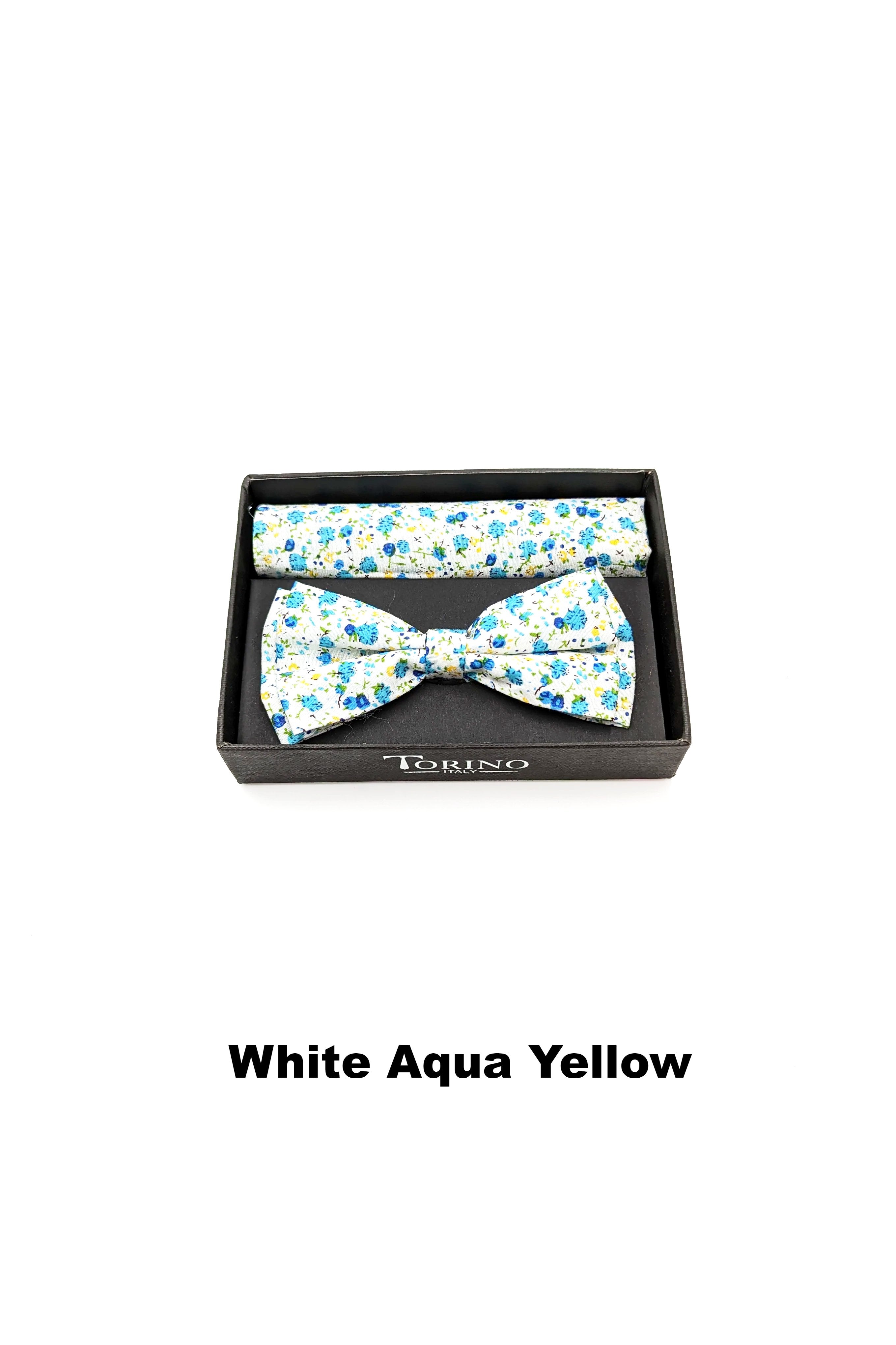 White Aqua Yellow Floral Mens Bow and Pocket Square
