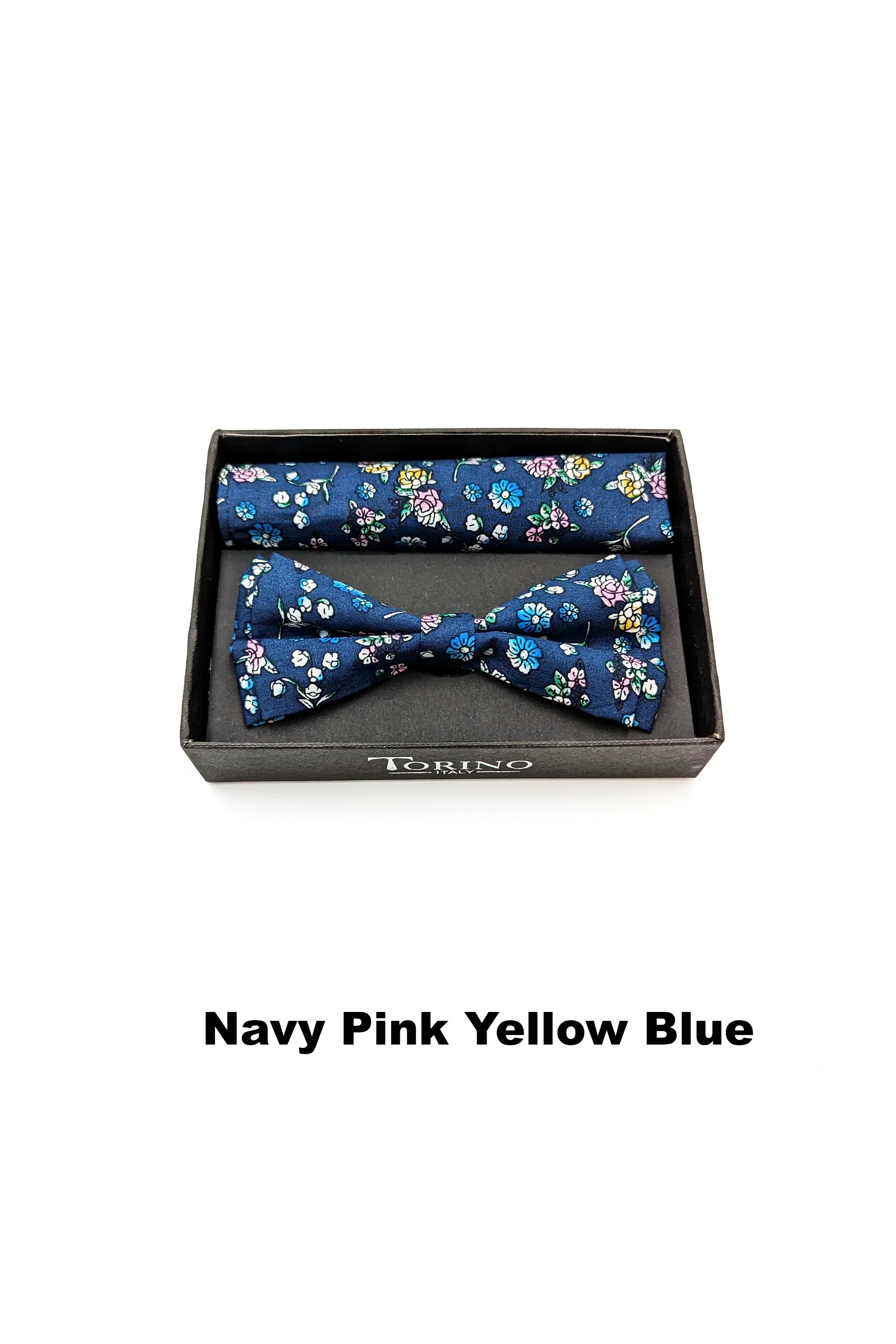TORINO Floral Mens Bow and Pocket Square Navy Pink Yellow Blue detail view