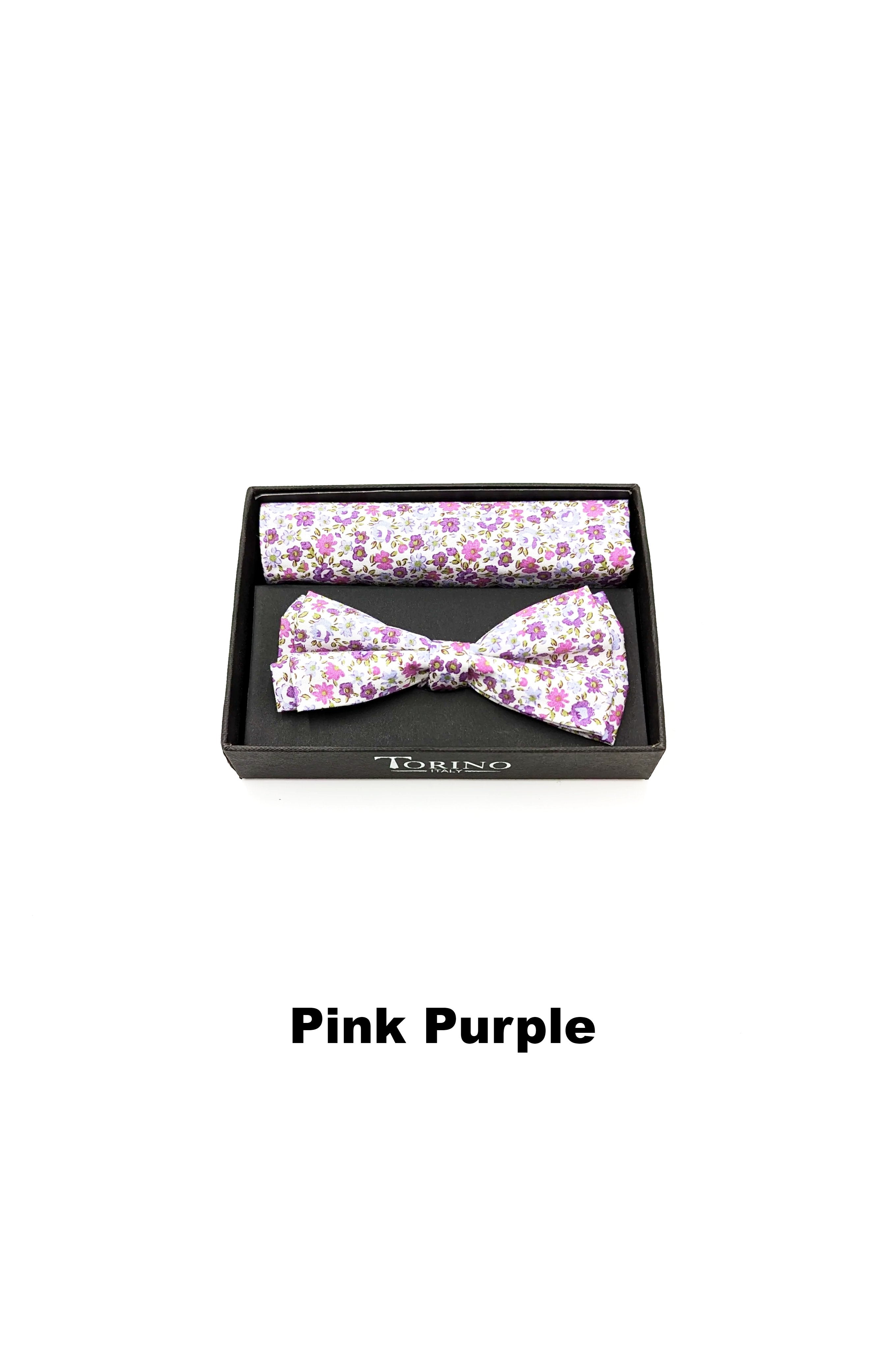 Pink Purple Floral Mens Bow and Pocket Square