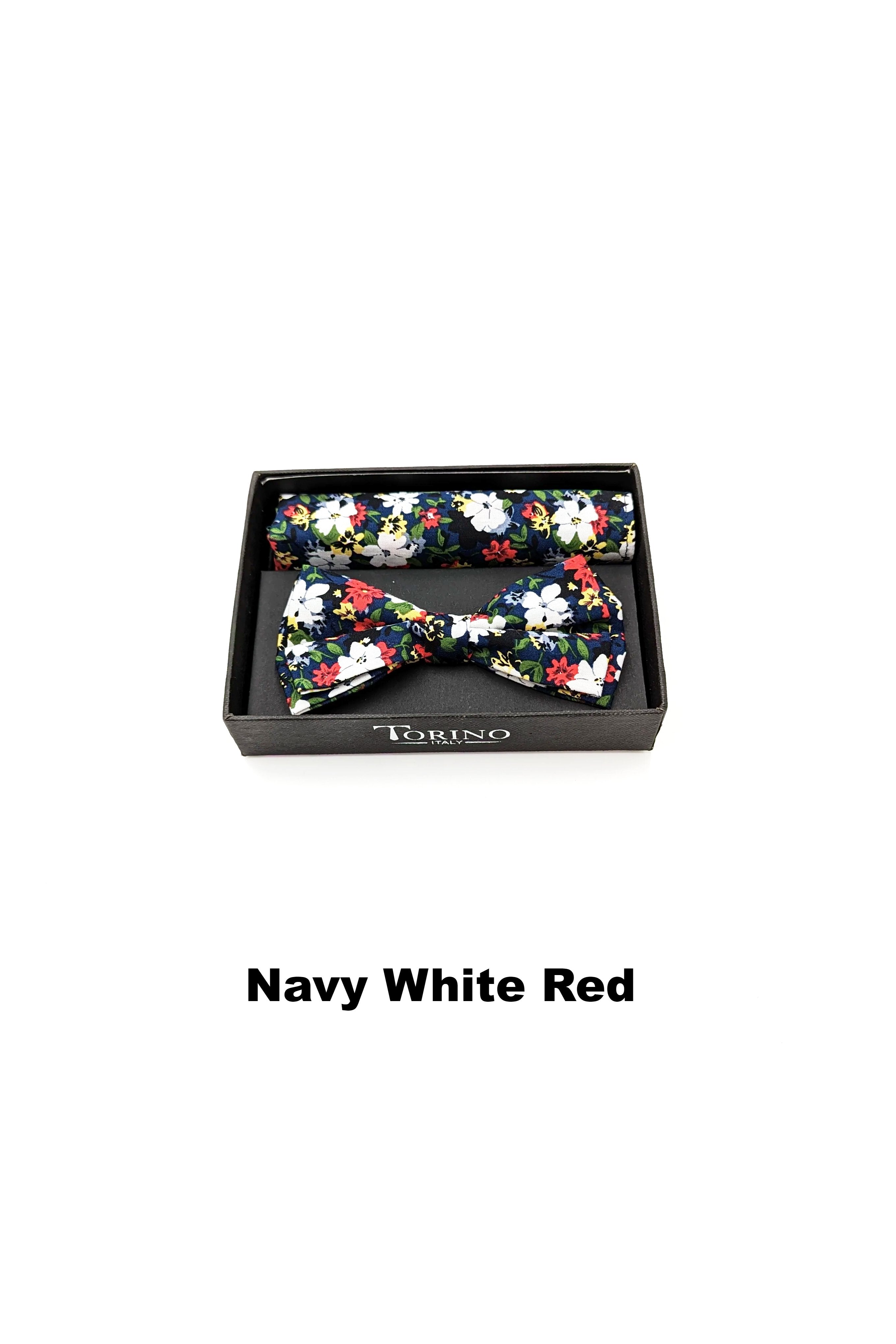 Navy White Red Floral Mens Bow and Pocket Square