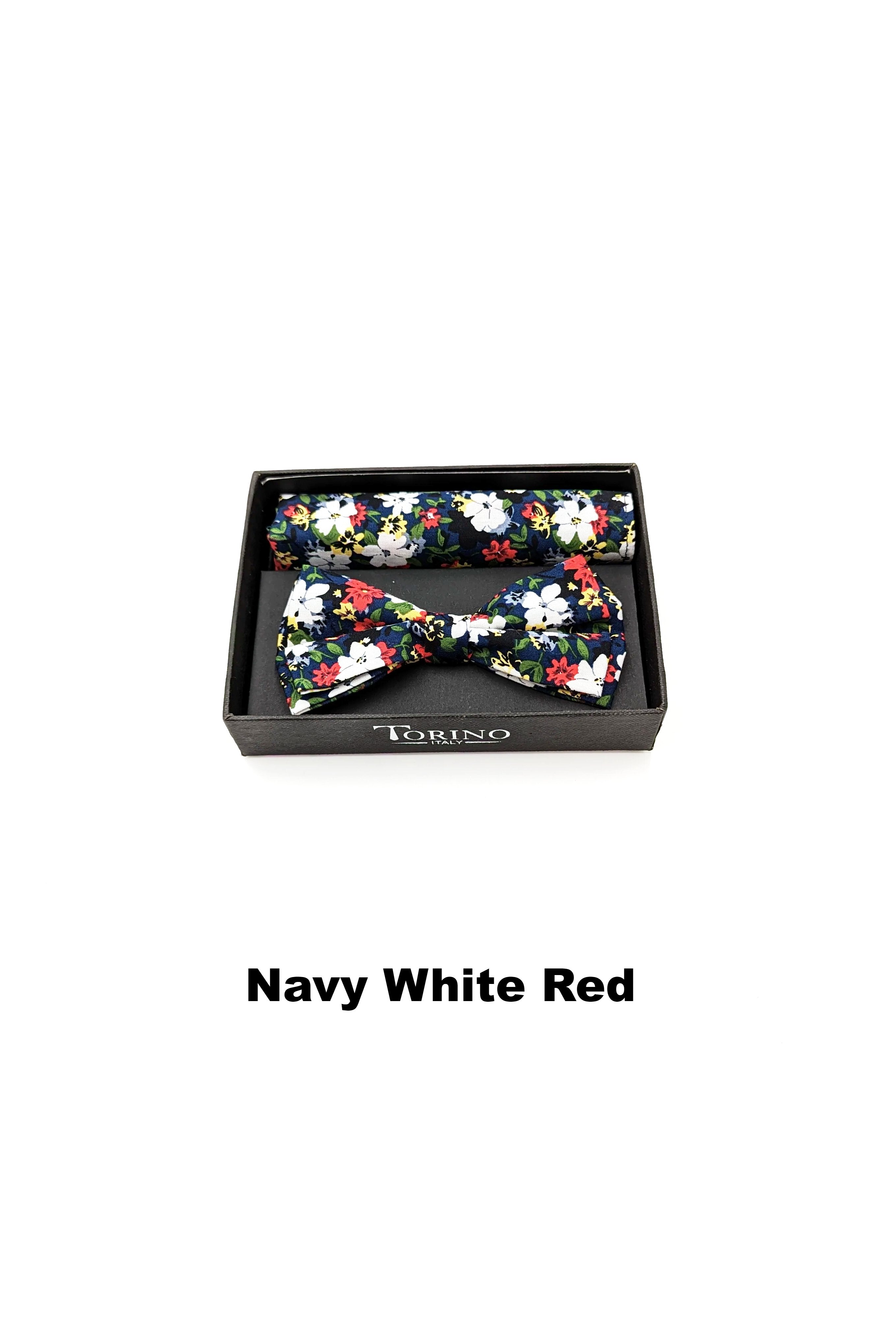 TORINO Floral Mens Bow and Pocket Square White Blue flat front view