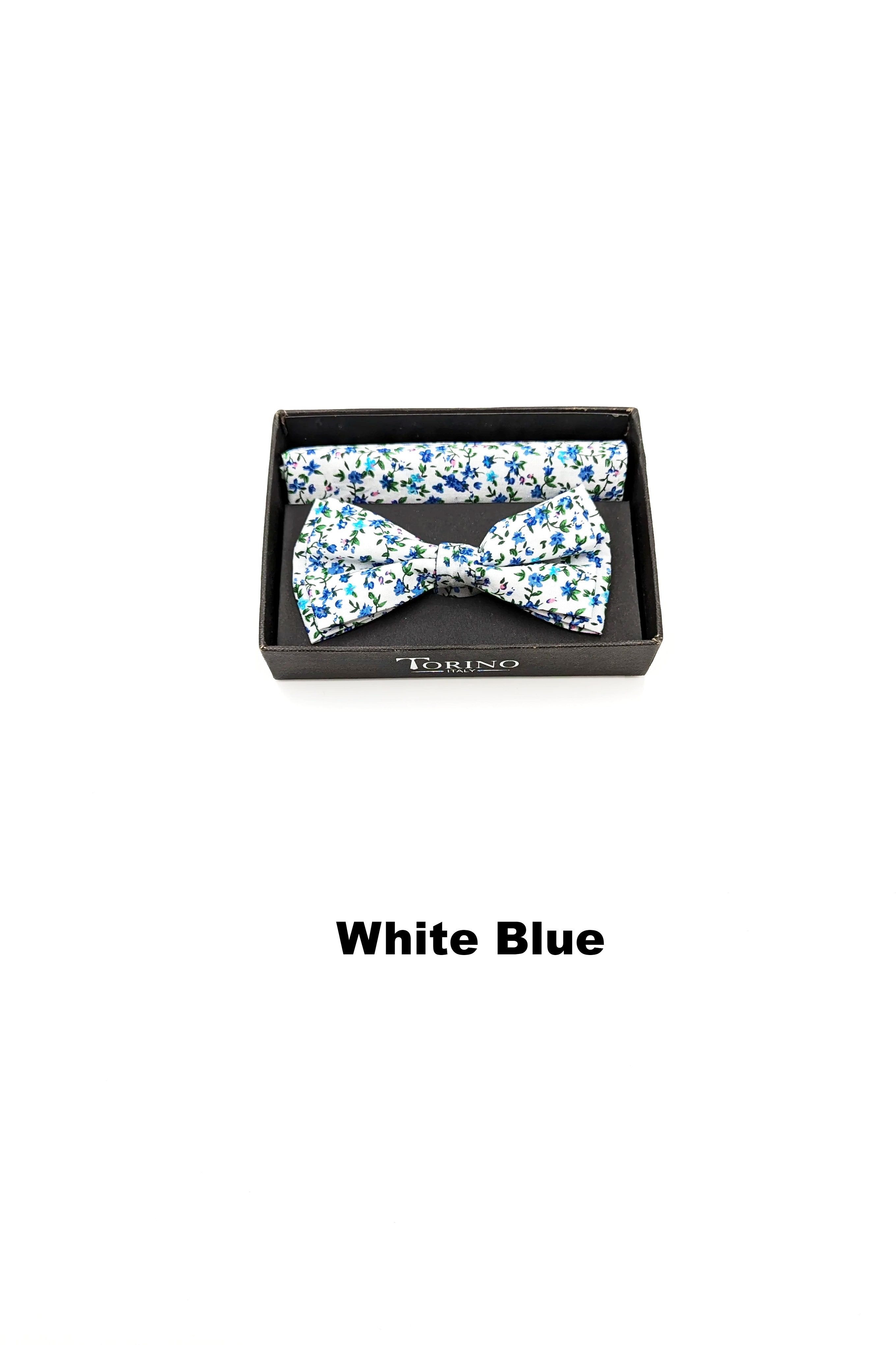 White Blue Floral Mens Bow and Pocket Square