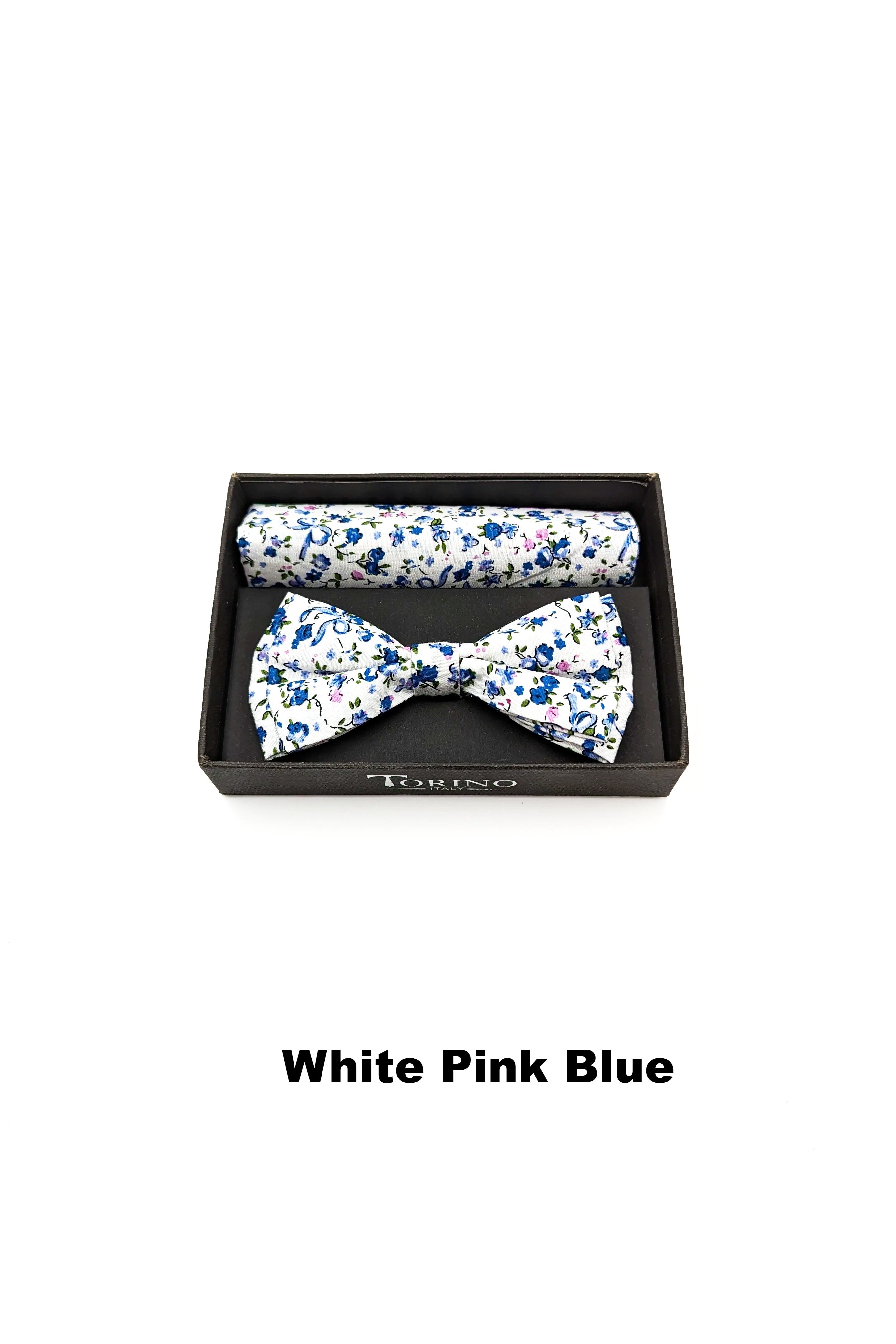 White Pink Blue Floral Mens Bow and Pocket Square