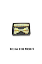 Textured mens yellow blue square bow tie and pocket square