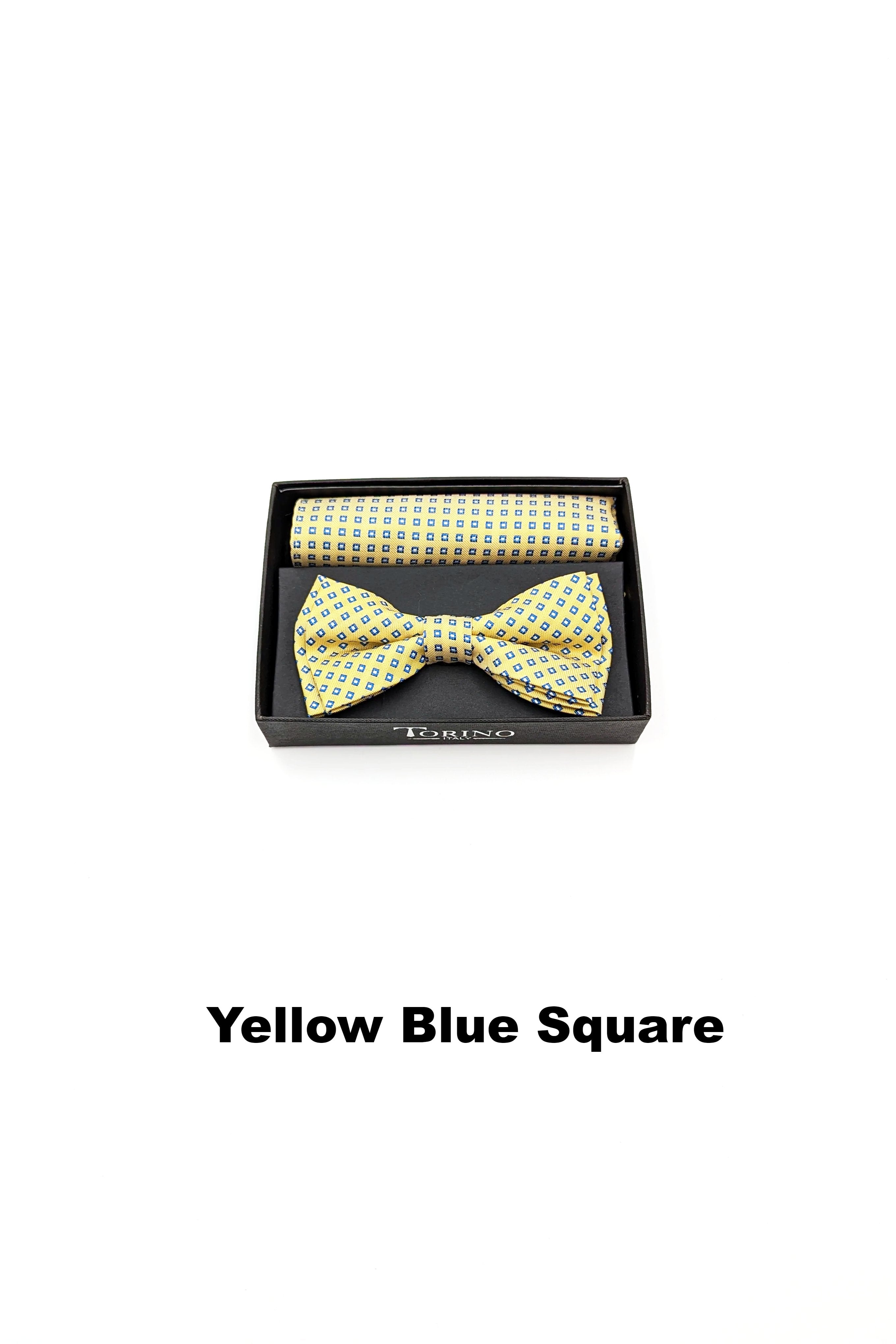 Textured mens yellow blue square bow tie and pocket square