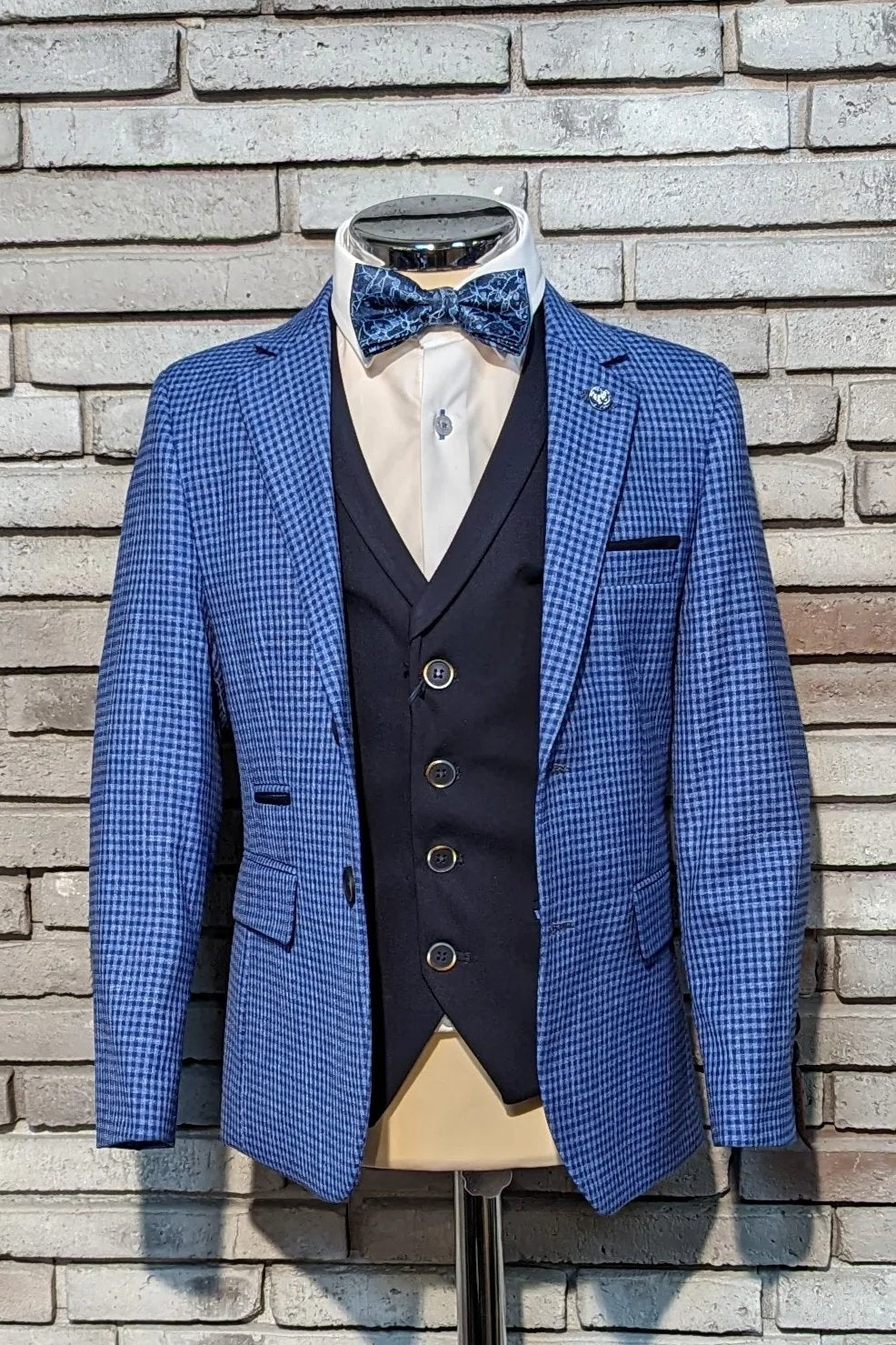 Benetti Boyswear Boys Check Blue Cairo 3 Piece Suit Check Blue front view