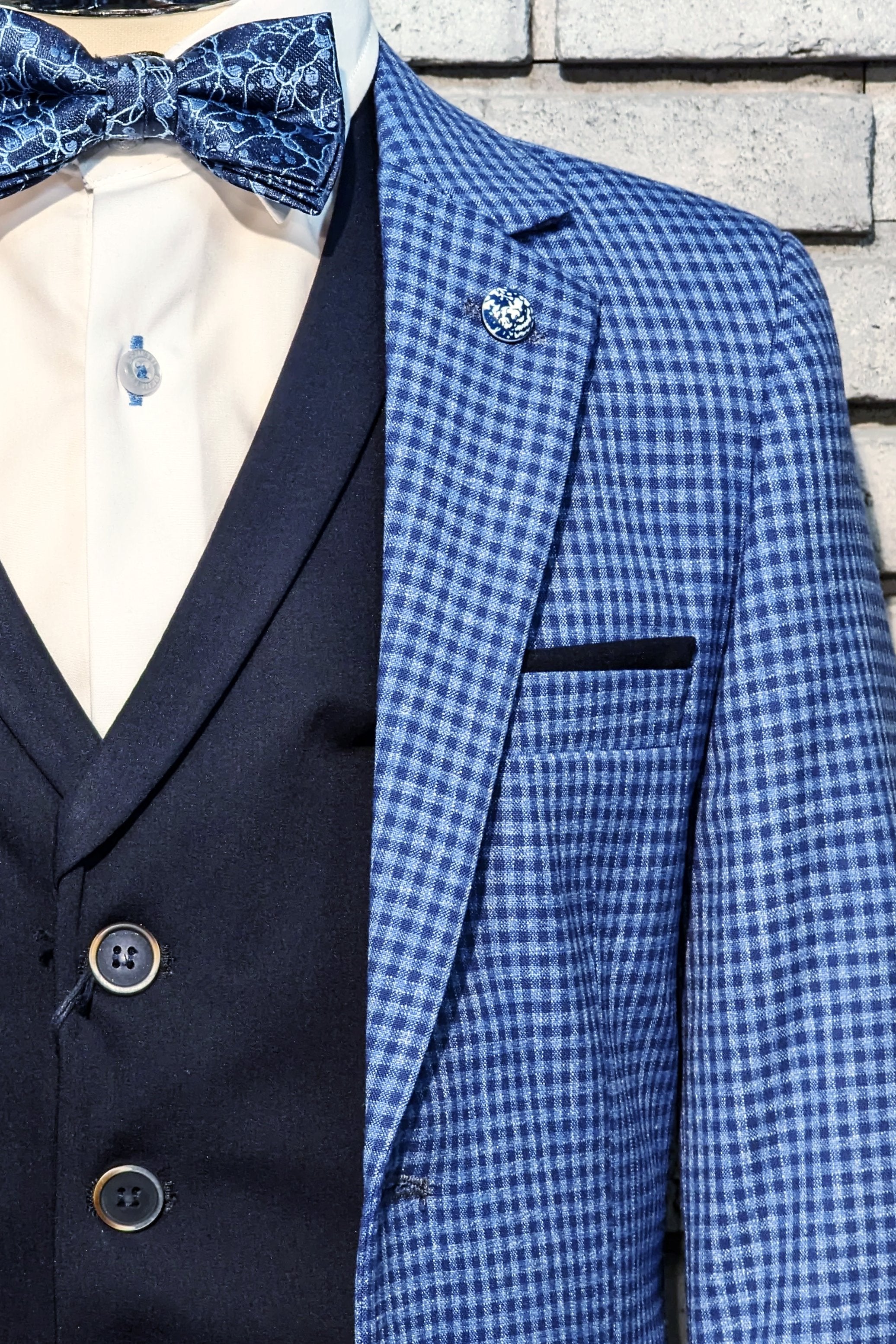 Boys Check Blue Cairo 3 Piece Suit-Waistcoat & lapel detail