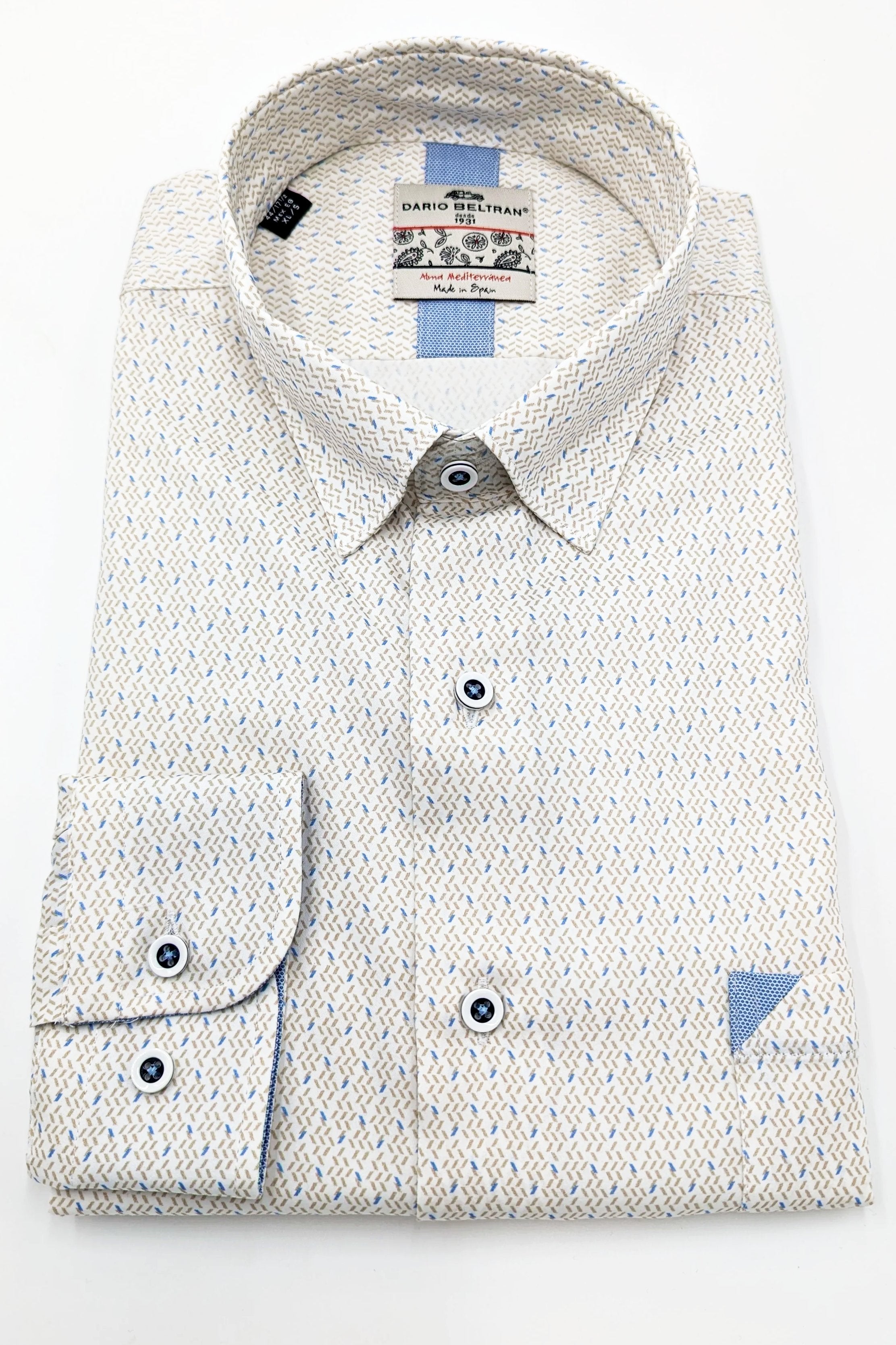 Ainsa Button Under Tan Blue Pattern Long Sleeve Shirt