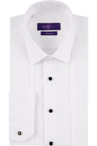 Front view of Benetti pleated white tuxedo shirt