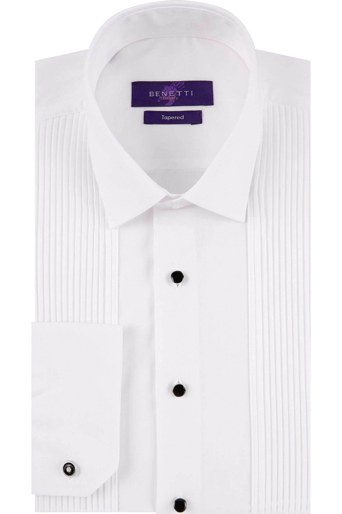 Front view of Benetti pleated white tuxedo shirt