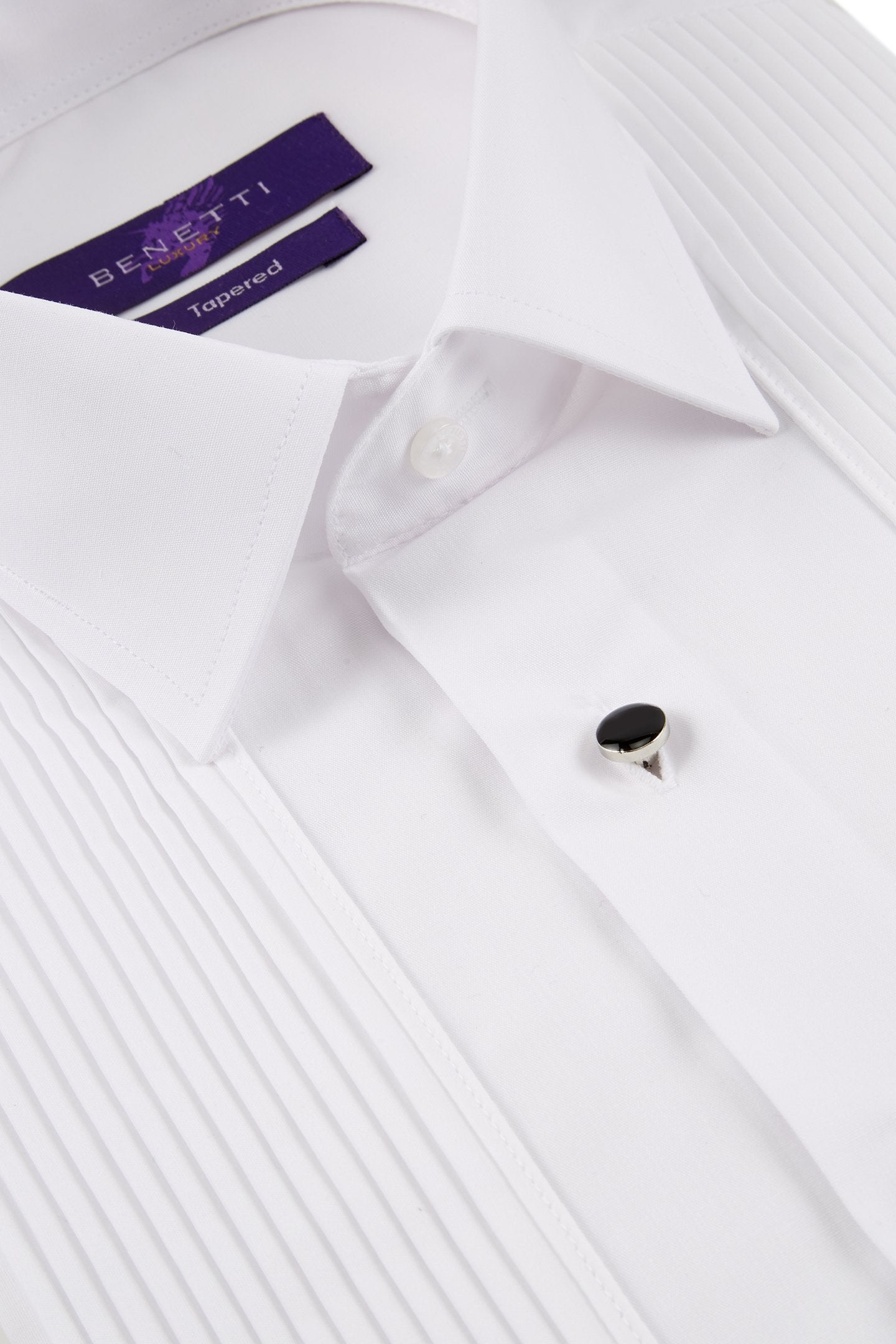 Angled view of pleated white tux shirt
