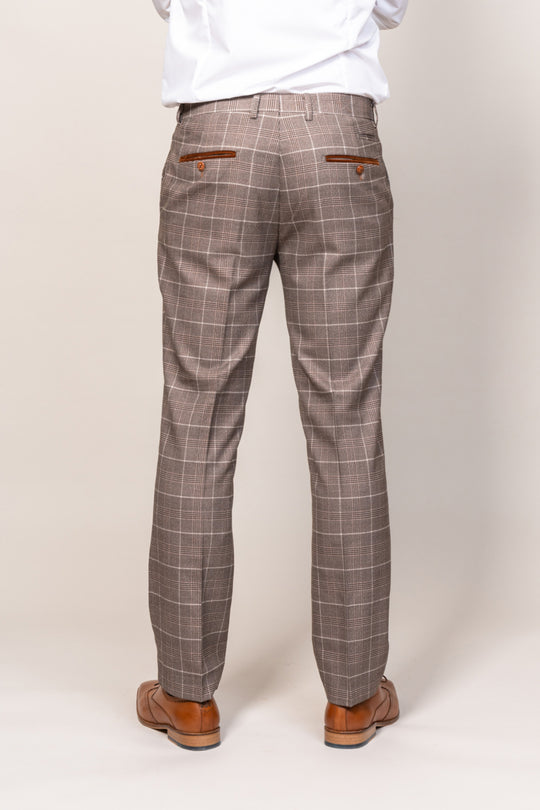 Men's Ray Tan Check Tapered Fit Trousers-Back View