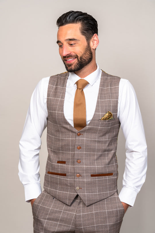 MARC DARCY Ray Tan Check Tapered Fit Waistcoat TAN front view