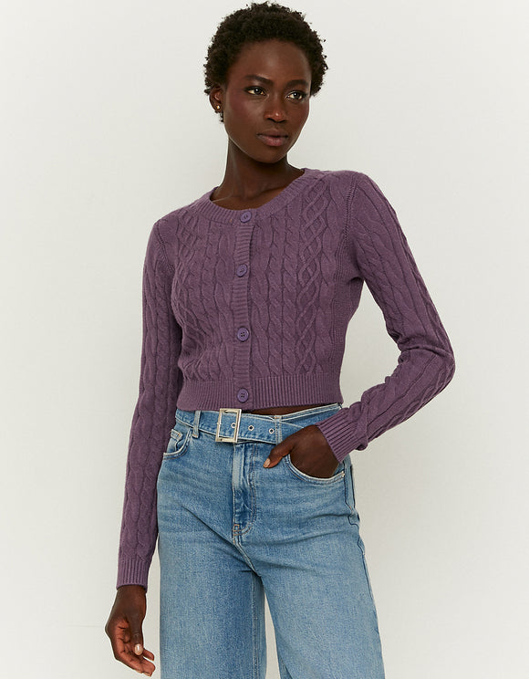 Purple Cable Knit Cardigan model front view