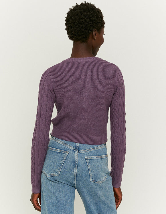 Purple Cable Knit Cardigan model back view