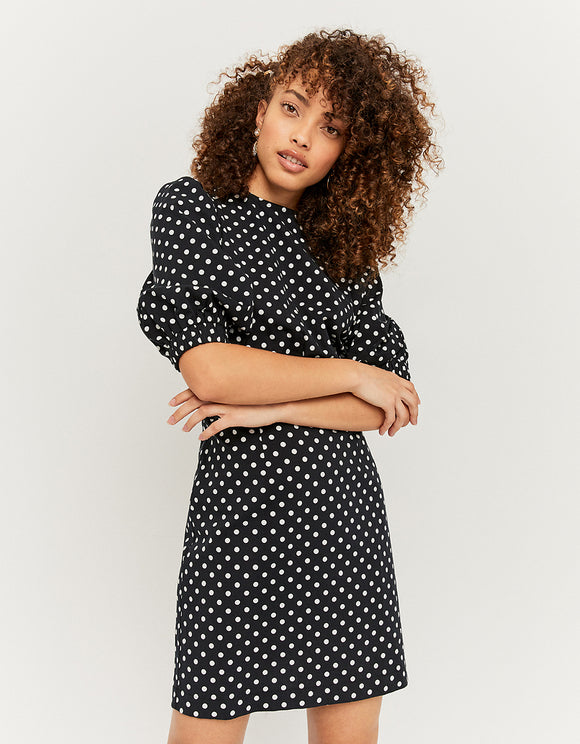 Tally Weijl Polka Dot Print Puff Sleeve Mini Dress BLACK BLUE front view