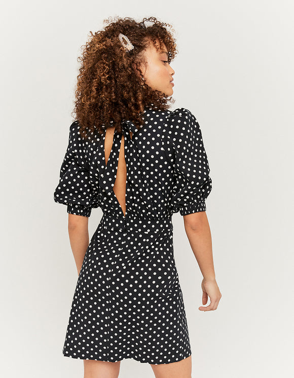 Tally Weijl Polka Dot Print Puff Sleeve Mini Dress BLACK BLUE model front view
