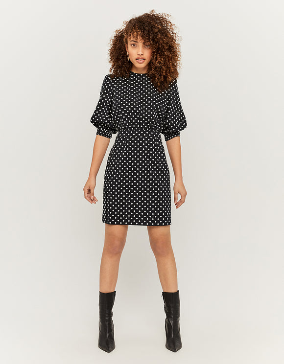 Tally Weijl Polka Dot Print Puff Sleeve Mini Dress BLACK BLUE back view