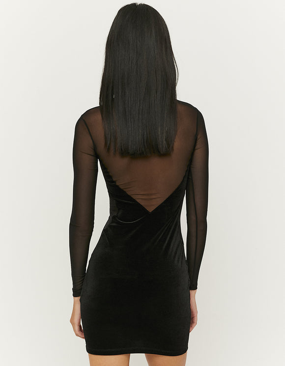 Ladies Black Velvet Mesh Mini Dress-Back View