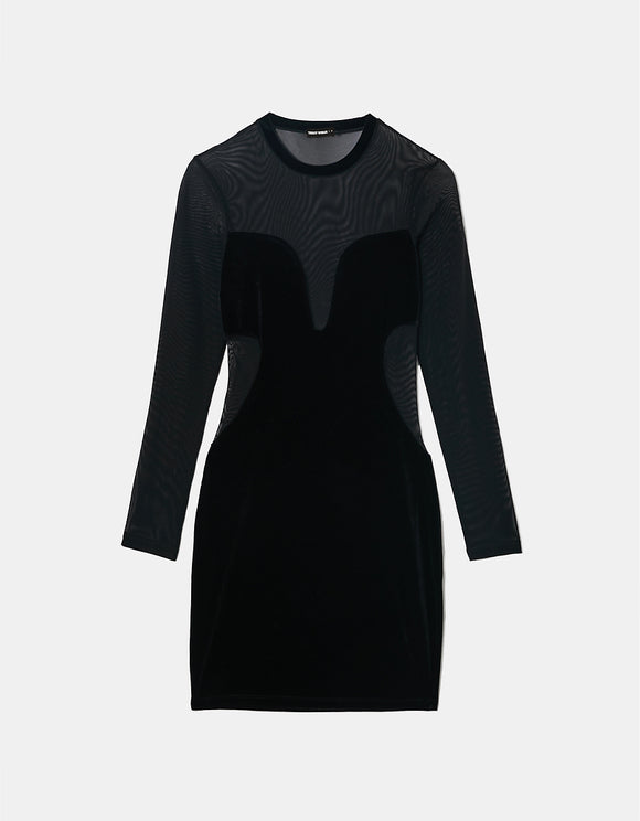 Ladies Black Velvet Mesh Mini Dress-Ghost Front View