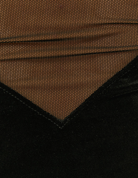 Ladies Black Velvet Mesh Mini Dress-Close Up View