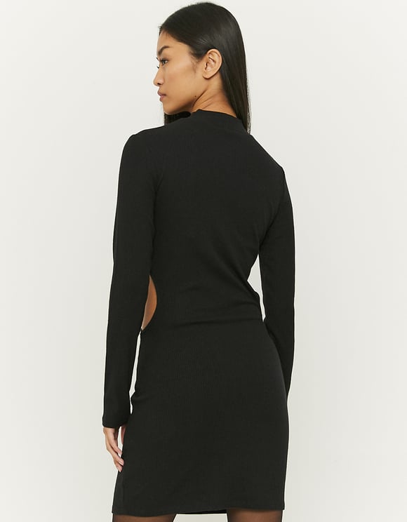 Ladies Black Cut Out Ribbed Mini Dress-Back View