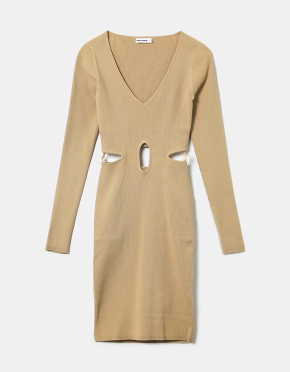 Ladies Cut Out Beige Midi Dress-Ghost Front View