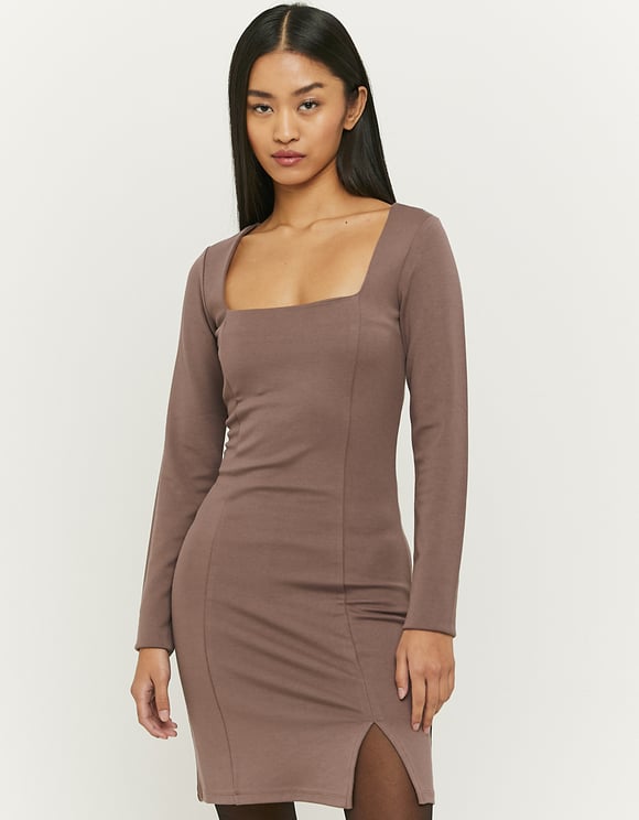 Ladies Brown Mini Dress With Square Neck + Slit-Front View
