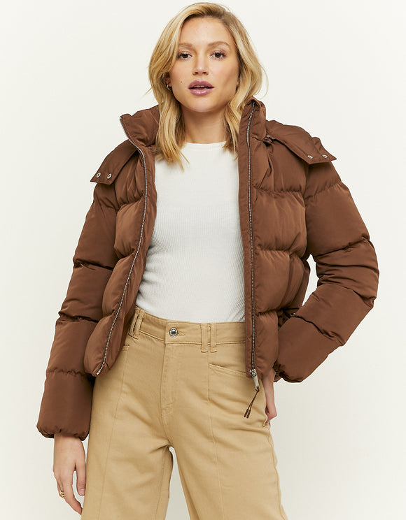 Ladies Brown Puffer Hooded Jacket-Front View