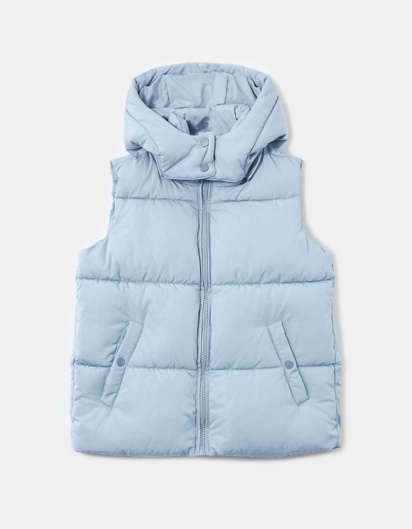 Ladies Hooded Sleeveless Blue Padded Jacket-Front View