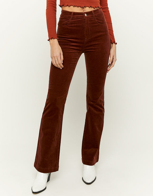 Ladies High Waist Brown Flare Cord Trousers-Front View