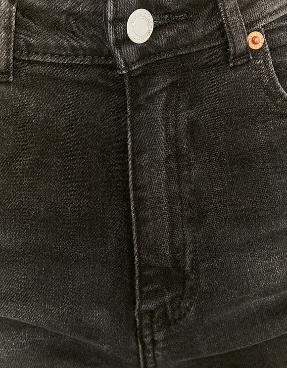 Ladies High Waist Black Wide Leg Jeans-Close Up View