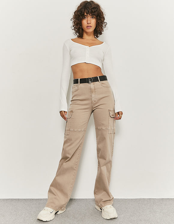 Ladies Beige Cargo Pants with Belt-Model Front View