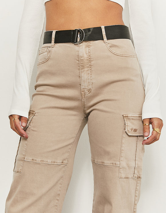 Ladies Beige Cargo Pants with Belt-Waist View