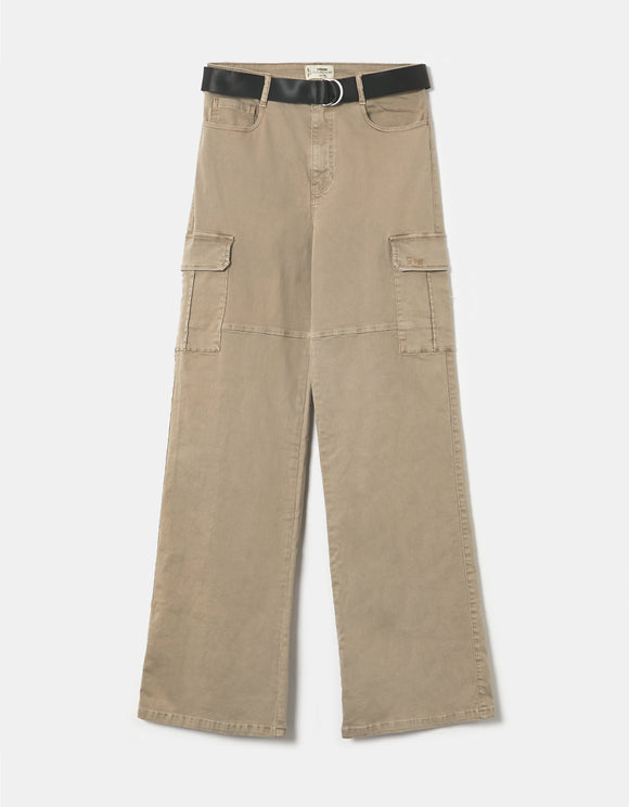 Ladies Beige Cargo Pants with Belt-Ghost Front View