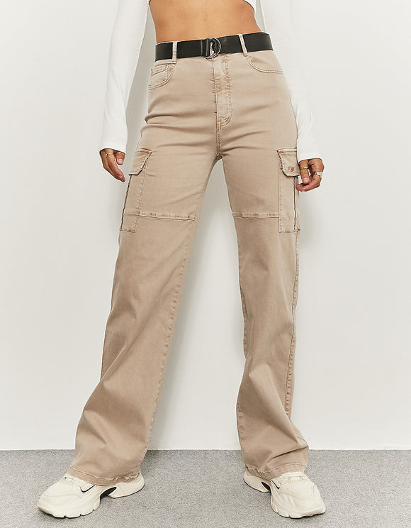 Ladies Beige Cargo Pants with Belt-Front View
