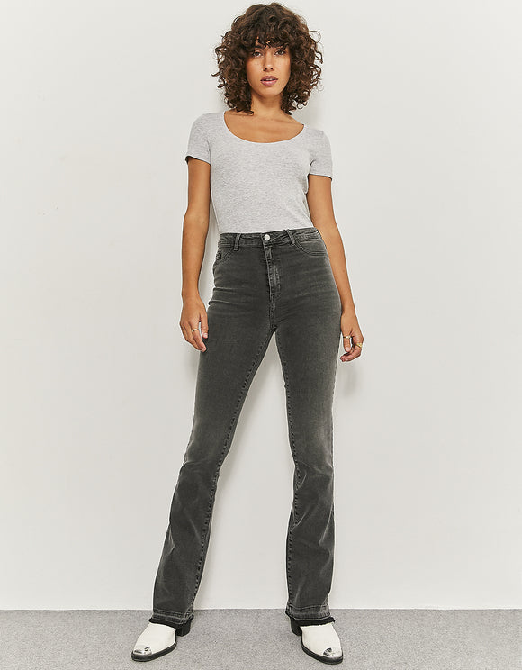 Ladies High Waist Grey Skinny Flare Jeans-Model Front View