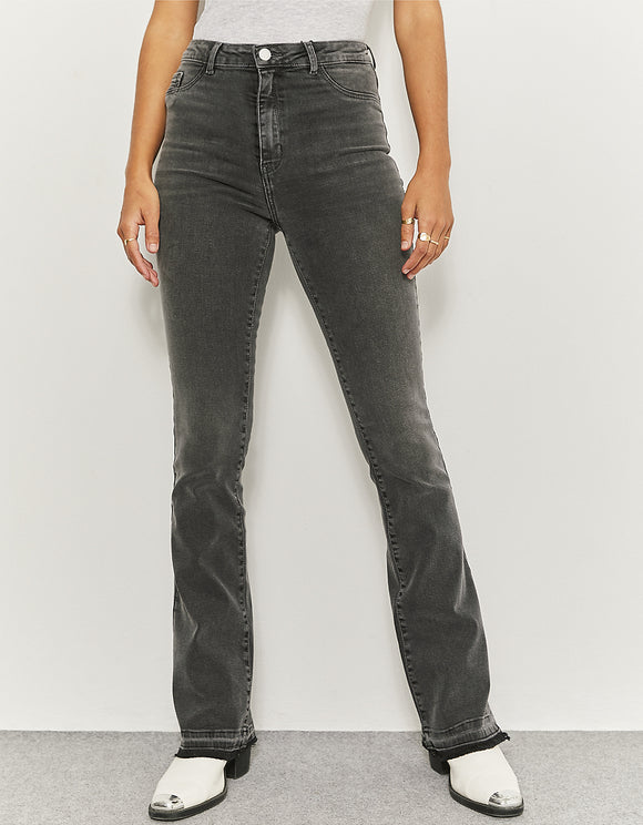 Ladies High Waist Grey Skinny Flare Jeans-Front View