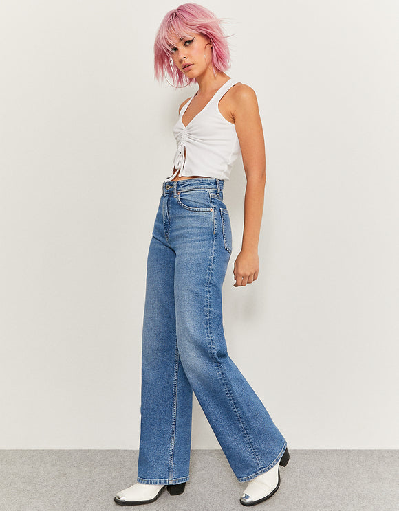 Ladies Wide Leg High Waist Blue Jeans-Model Front View