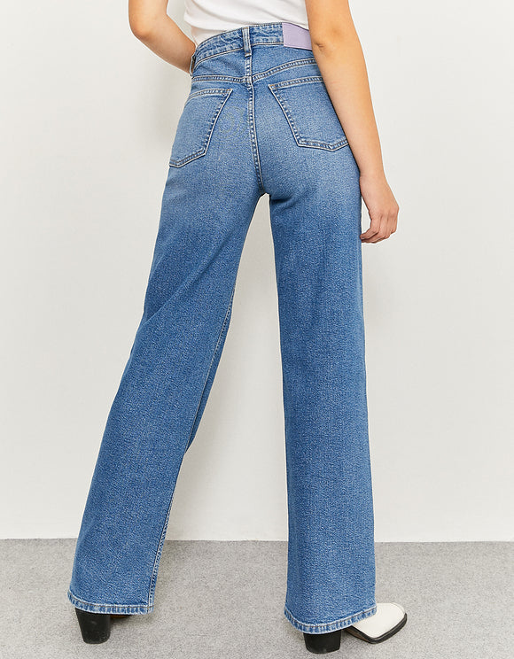 Ladies Wide Leg High Waist Blue Jeans-Back View