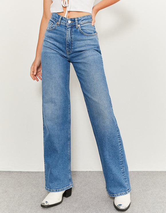 Ladies Wide Leg High Waist Blue Jeans-Front View