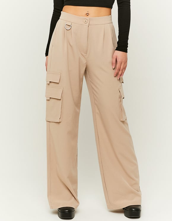 Ladies Wide Leg Beige Cargo Trousers-Front View