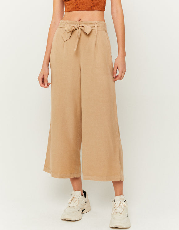 Beige Mid Waist Culotte Trousers - Model Front View