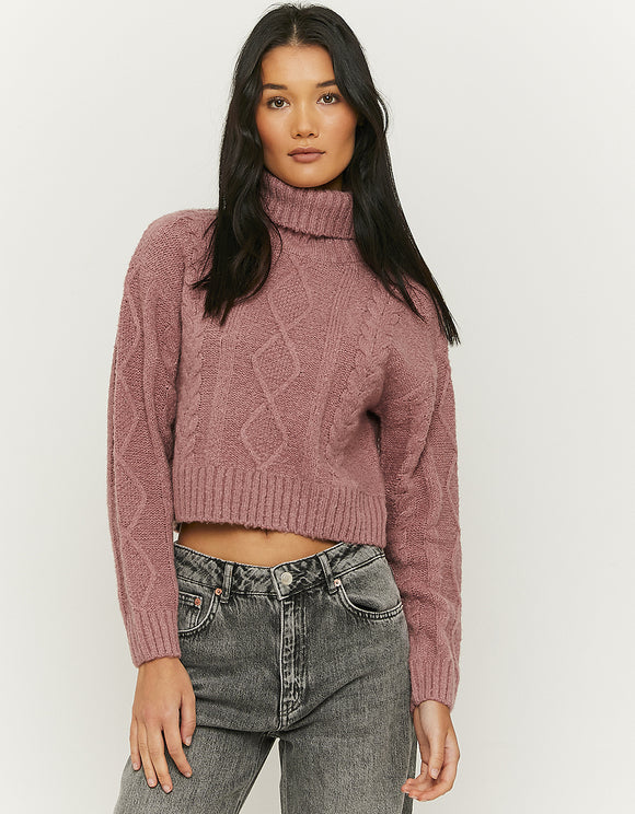 Ladies Pink Cable Knit Short Jumper-Front View