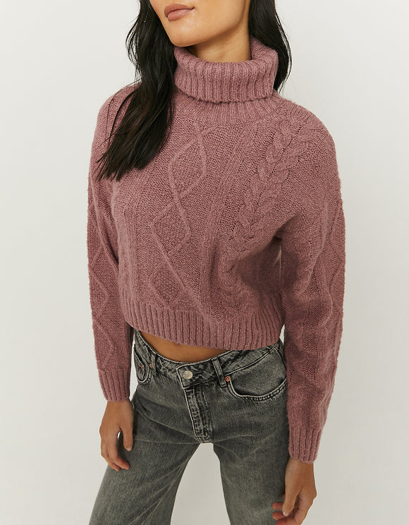 Ladies Pink Cable Knit Short Jumper-Front Close Up View